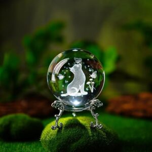 3D Glass Cat Crystal Ball with Stand 60mm Decorative Cats Figurine Paperweight Crystal Sphere Home Officce Table Decor Gifts for Cat Lovers