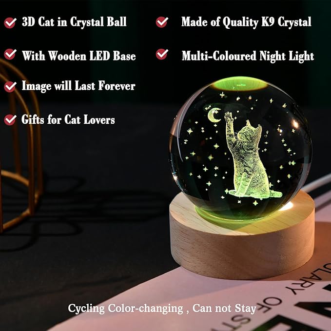 IFOLAINA 3D Cat Themed Gifts for Women Friends Cat Lovers Presents 2.36\" Engraved Crystal Ball with Wooden Light Base Crystal Pet Sphere Decor - Image 2