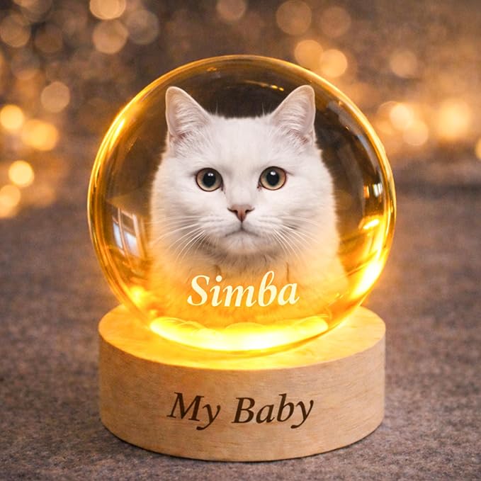 Personalized Pet Photo Crystal Ball Light, Custom 3D Engraved Dog Cat Portrait Crystal Globe Lamp with LED Wooden Base, Pets Memorial Gift, Pet Loss Remembrance Keepsake for Dog Lovers, P2
