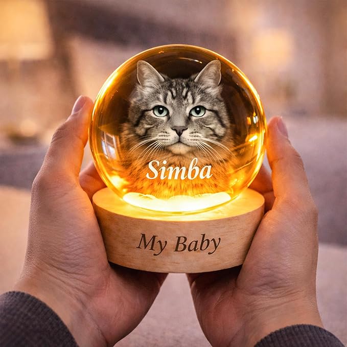 Personalized Pet Photo Crystal Ball Light, Custom 3D Engraved Dog Cat Portrait Crystal Globe Lamp with LED Wooden Base, Pets Memorial Gift, Pet Loss Remembrance Keepsake for Dog Lovers, P2 - Image 2
