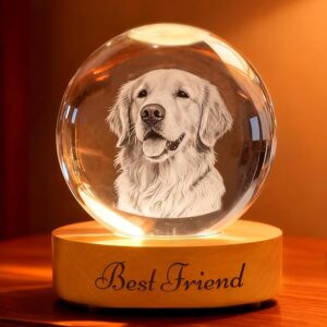 Personalized 3D Photo Crystal Ball Lamp, Custom Dog Memorial Gifts, Custom Engraved Crystal Globe Nightlight with Wood Base, Personalized Anniversary Birthday Wedding Gifts for Pets Couple (Dog)