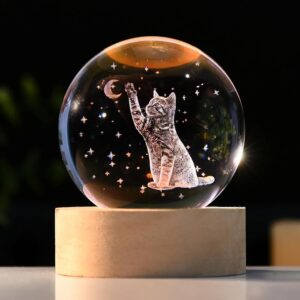 IFOLAINA 3D Cat Themed Gifts for Women Friends Cat Lovers Presents 2.36\" Engraved Crystal Ball with Wooden Light Base Crystal Pet Sphere Decor