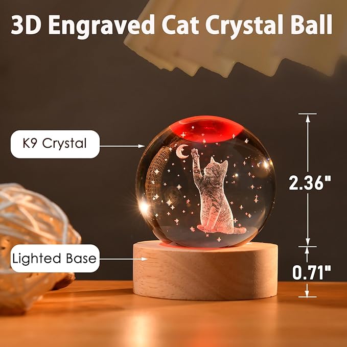 IFOLAINA 3D Cat Themed Gifts for Women Friends Cat Lovers Presents 2.36\" Engraved Crystal Ball with Wooden Light Base Crystal Pet Sphere Decor - Image 3