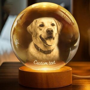 Personalized 3D Photo Crystal Ball, Custom Engraved Picture Lamp with Wood Base, Night Light for Dog Lovers, Dog Memorial Gifts, Loss of Pet Sympathy Gift Night Light, Custom Photo Portrait