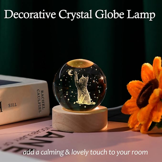IFOLAINA 3D Cat Themed Gifts for Women Friends Cat Lovers Presents 2.36\" Engraved Crystal Ball with Wooden Light Base Crystal Pet Sphere Decor - Image 4