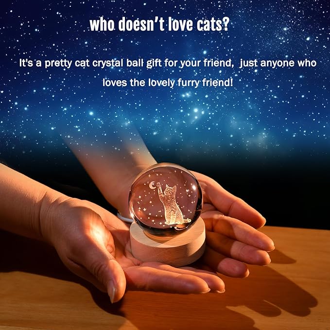 IFOLAINA 3D Cat Themed Gifts for Women Friends Cat Lovers Presents 2.36\" Engraved Crystal Ball with Wooden Light Base Crystal Pet Sphere Decor - Image 6
