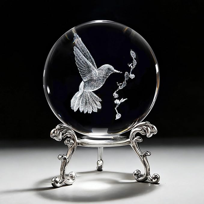 HDCRYSTALGIFTS 3D Laser Engraved Bird Crystal Ball with Stand Paperweight Gift for Women Mom 60mm Crystal Bird Figurine Glass Animal Decorative Ball for Home Room Office Decoration