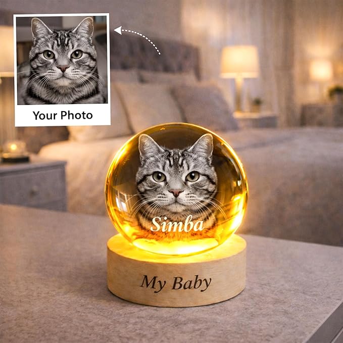 Personalized Pet Photo Crystal Ball Light, Custom 3D Engraved Dog Cat Portrait Crystal Globe Lamp with LED Wooden Base, Pets Memorial Gift, Pet Loss Remembrance Keepsake for Dog Lovers, P2 - Image 4