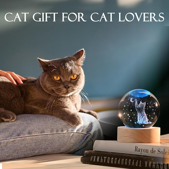 IFOLAINA 3D Cat Themed Gifts for Women Friends Cat Lovers Presents 2.36\" Engraved Crystal Ball with Wooden Light Base Crystal Pet Sphere Decor - Image 5