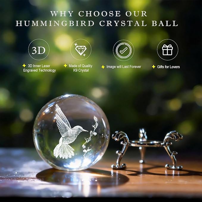 HDCRYSTALGIFTS 3D Laser Engraved Bird Crystal Ball with Stand Paperweight Gift for Women Mom 60mm Crystal Bird Figurine Glass Animal Decorative Ball for Home Room Office Decoration - Image 3