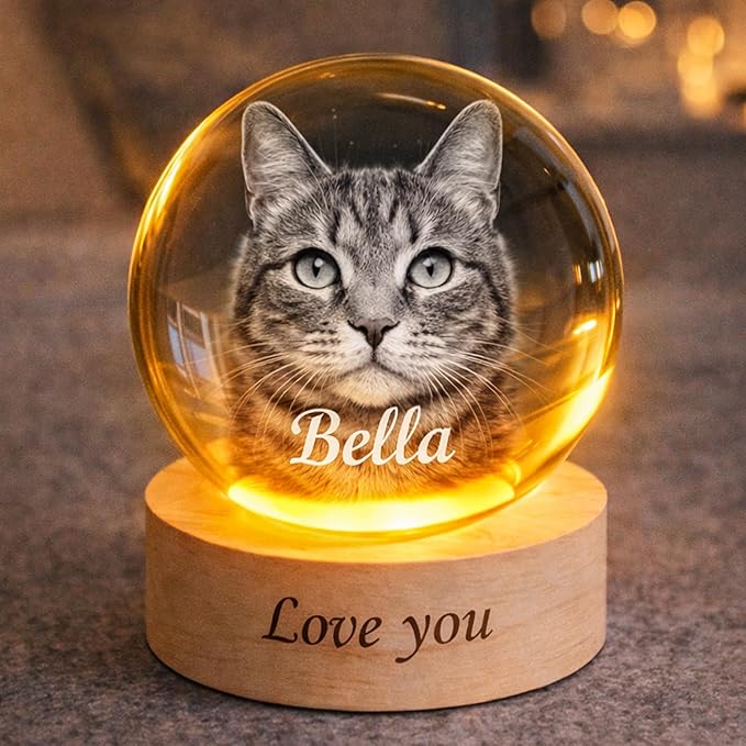 Personalized Pet Photo Crystal Ball Light, Custom 3D Engraved Dog Cat Portrait Crystal Globe Lamp with LED Wooden Base, Pets Memorial Gift, Pet Loss Remembrance Keepsake for Dog Lovers, P2 - Image 3