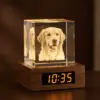 Custom Pet Memorial Crystal Clock Night Light with LED Wood Base