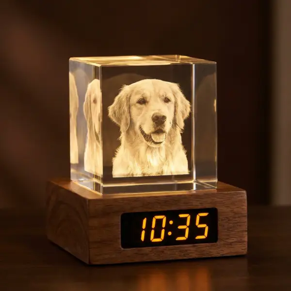 Custom Pet Memorial Crystal Clock Night Light with LED Wood Base