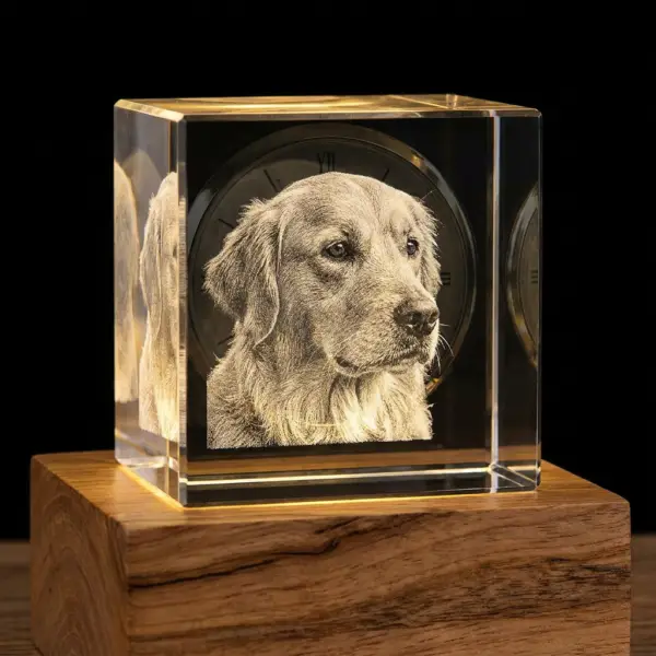 Personalized Pet Memorial Crystal Clock with LED Wood Base