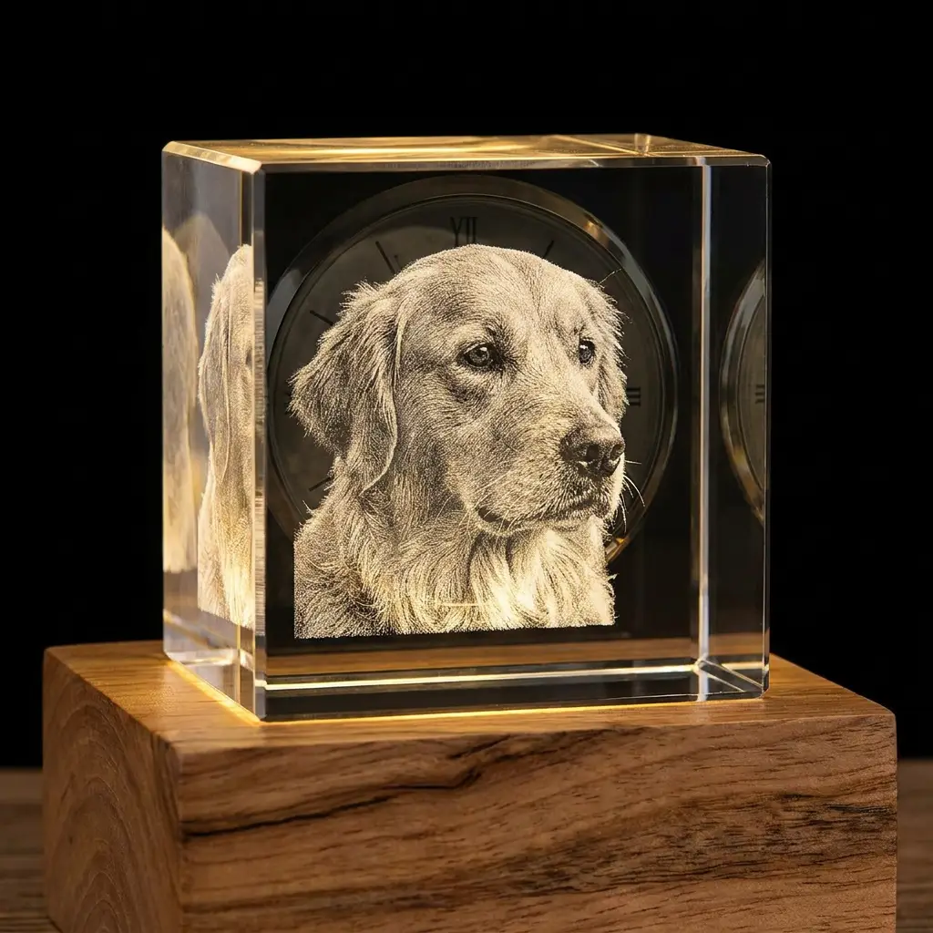 Personalized Pet Memorial Crystal Clock with LED Wood Base